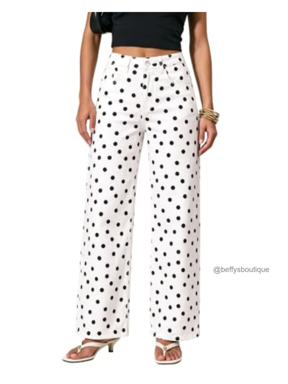 Wide Leg High Waisted Polka Dot Stretch Denim Jeans